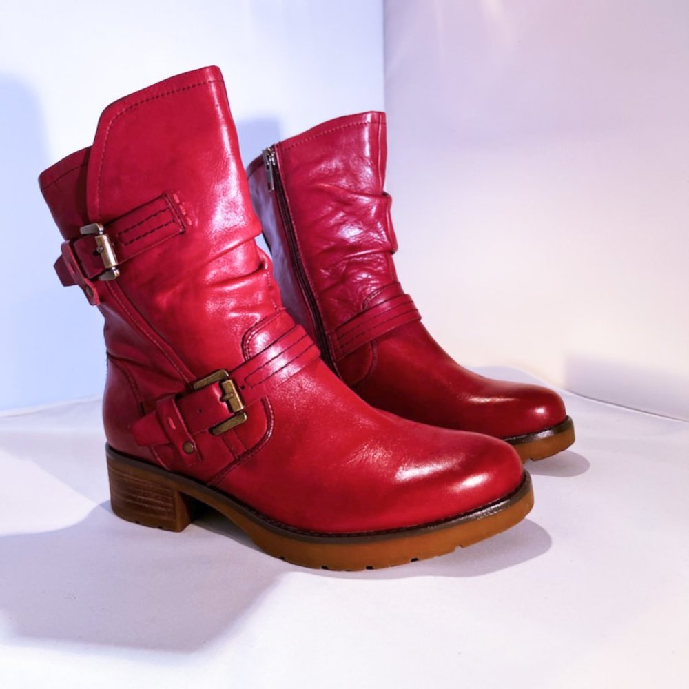 Earth deep red/cranberry leather moto boots - Picture 4 of 6